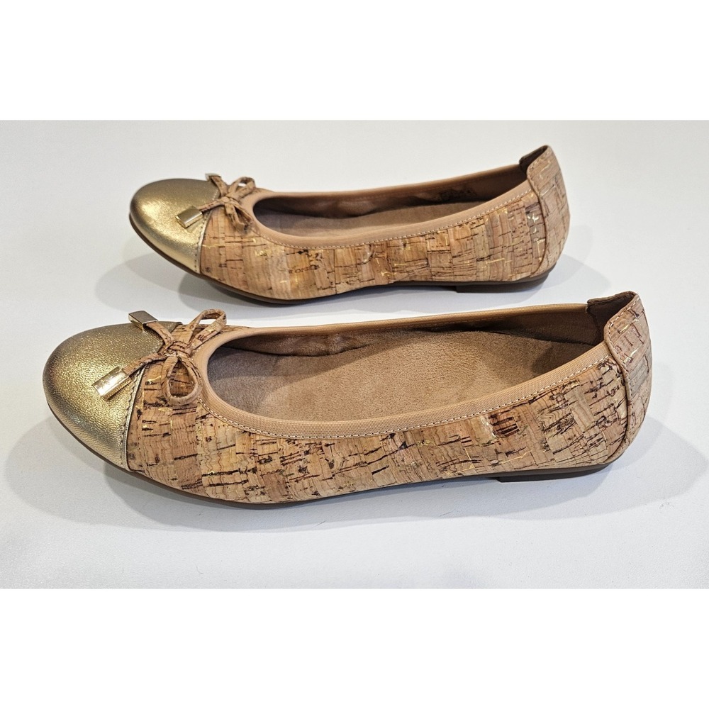 Vionic Minna Ballet Flat Orthaheel Comfort Cork Upper Gold Leather Cap Womens 7M - Picture 6 of 7